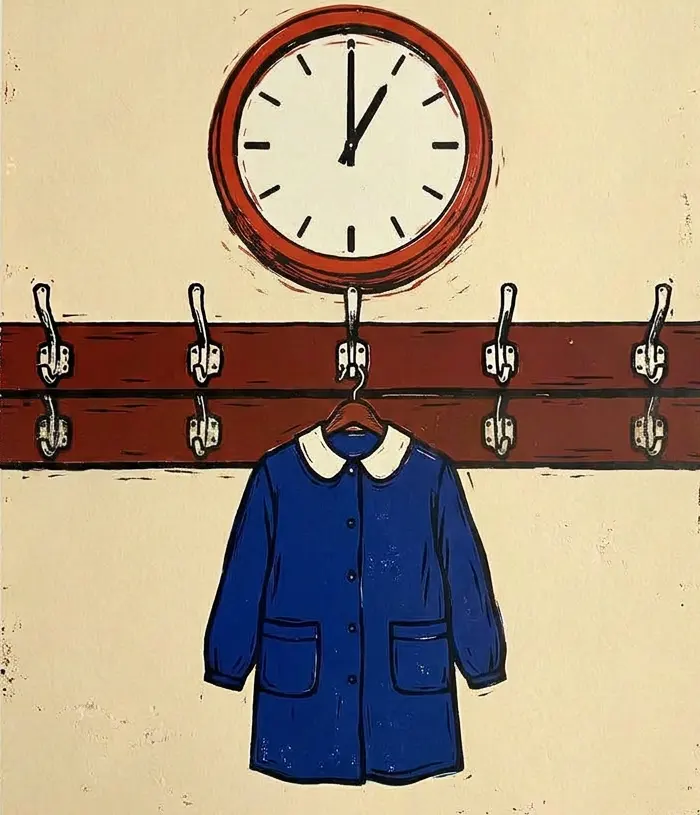 Dalla locandina della campagna: l'orologio della scuola segna le 13:00 sopra un attaccapanni vuoto, dove è rimasto appeso un solo grembiule blu.